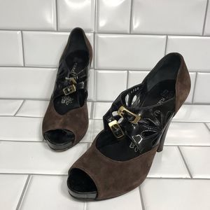 NANETTE LEPORE Size 6.5 Brown/Black Double Buckle Maryjane Heels; Preloved